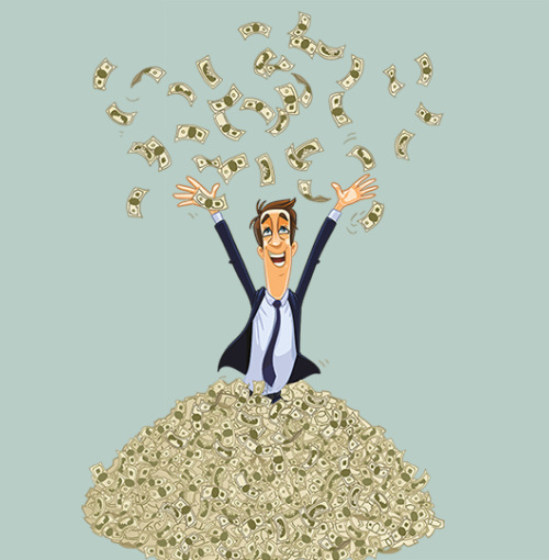 illustratie: man in maatpak werpt geldbiljetten omhoog uit een berg met geld