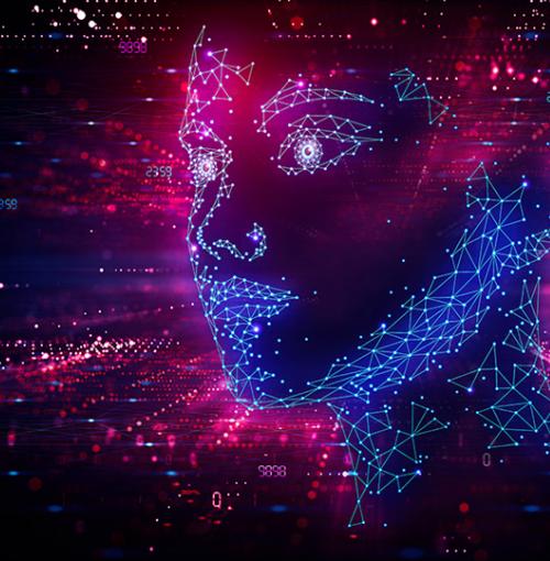 Concept van AI-overname met digitaal gezicht op achtergrond met lichtjes