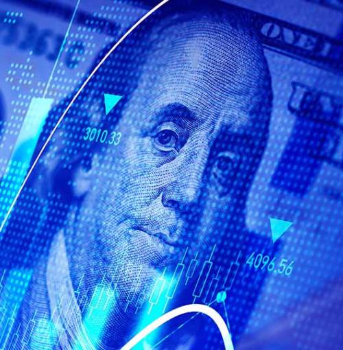 dollarbiljet in een blauw neonlicht met daarop golvende curves