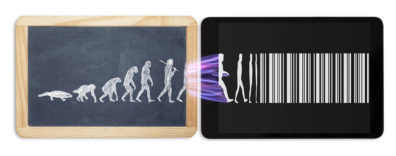 Krijtbord en ipad geven evolutie weer van mens naar barcode