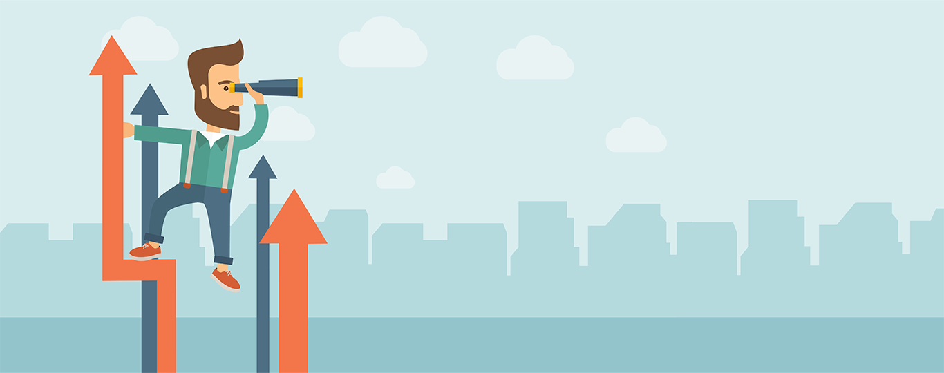 illustratie: man met verrekijker balanceert op pijlen