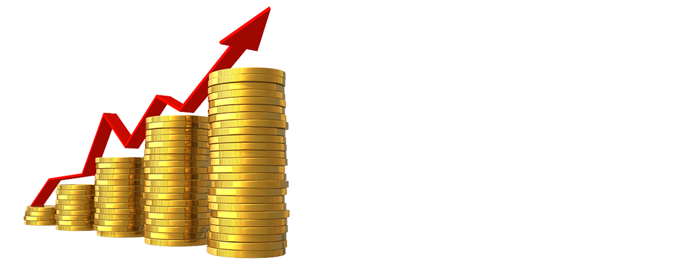 oplopende stapels geldmunten met rode pijl omhoog