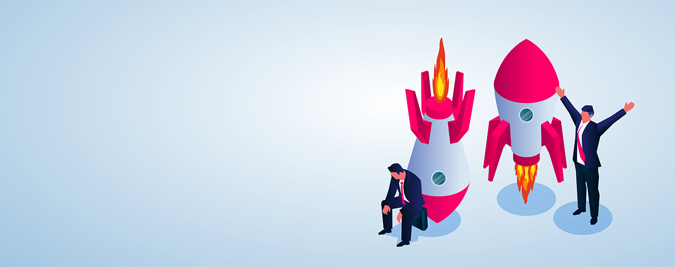istock illustratie: moedeloze man bij neergestorte raket, blije man bij gelanceerde raket