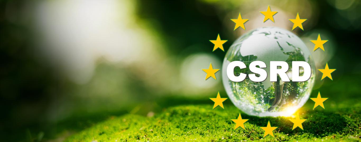 fragiele wereldbol in het groen met erop het letterwoord CSRD en omringd door de Europese sterren