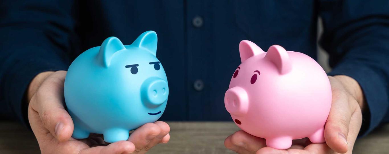 man houdt een blauw en een roze spaarvarkentje in zijn handen