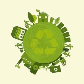 illustratie van een groene wereldbol met recyclageteken en groene huizen, fabriek, bomen, mensen
