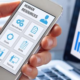 Human Resources app-concept op een gsm, pictogrammen over werving, werving, banen, training