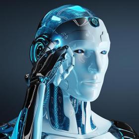 cyborg houdt wijsvinger aan het hoofd