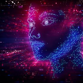 Concept van AI-overname met digitaal gezicht op achtergrond met lichtjes