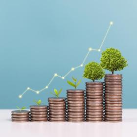 onder een grafiek staan geldstapeltjes in stijgende lijn met daarop een kiem die uitgroeit tot een boom