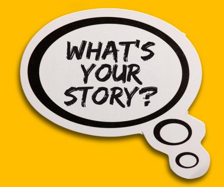 Tekstballon 'What's your story?'