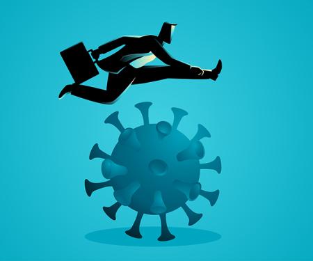 illustratie van een zakenman die over het coronavirus springt