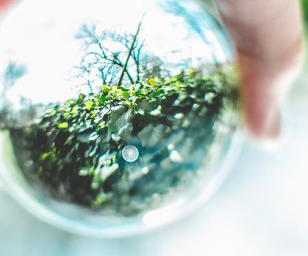 Een hand houdt een glazen bol vast waarin de natuur wordt weerspiegeld