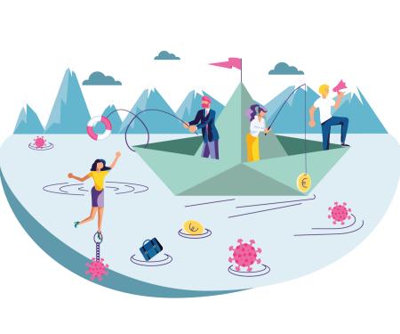 Illustratie persoon verdrinkt in zee vol geld en coronavirus