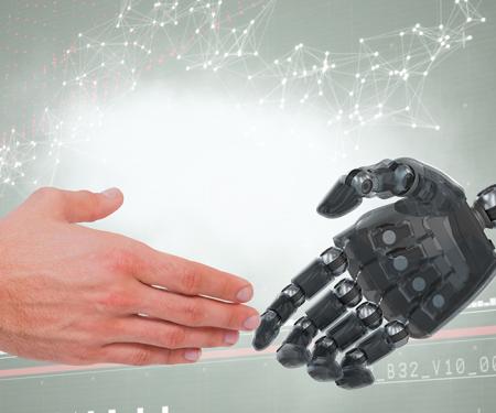 Mens en robot schudden de hand