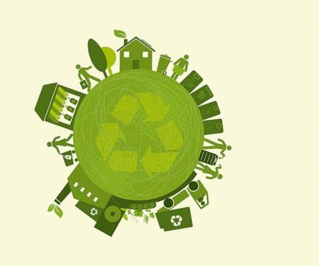 illustratie van een groene wereldbol met recyclageteken en groene huizen, fabriek, bomen, mensen