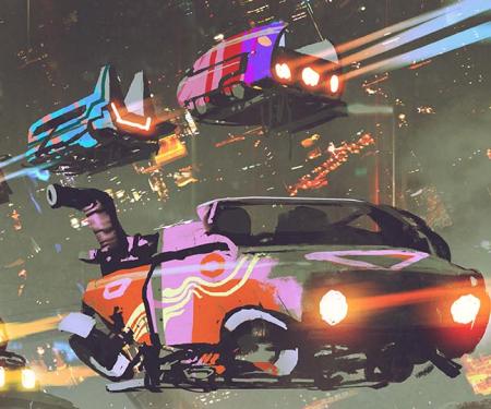 illustratie toekomstbeeld met vliegende auto's, shuttles