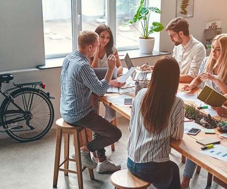 team aan het werk in een kantoor met daglicht, plantjes en fiets tegen de muur