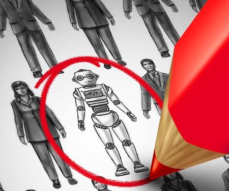 rood potlood omcirkelt robot die tussen personen staat