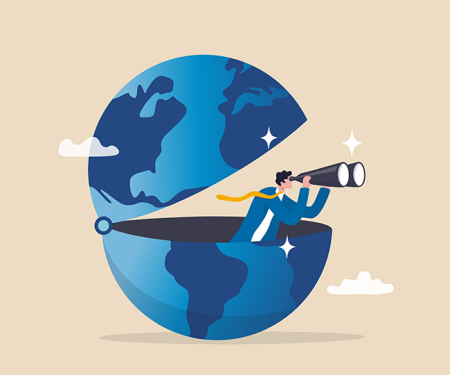 illustratie: man met verrekijker kijkt vanuit opengeklapte wereldbol