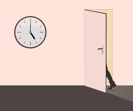 illustratie: man wandelt stipt om 17 uur zijn bureau uit