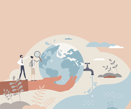 illustratie: wereldbol met kraantje in de hand