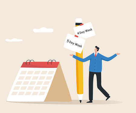 illustratie twijfelend mannetje aan kalender met potlood 4 of 5 dagen werkweek