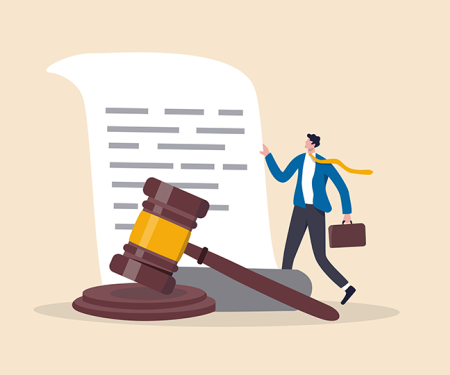 illustratie: man met aktentas bij contract en een wetshamer