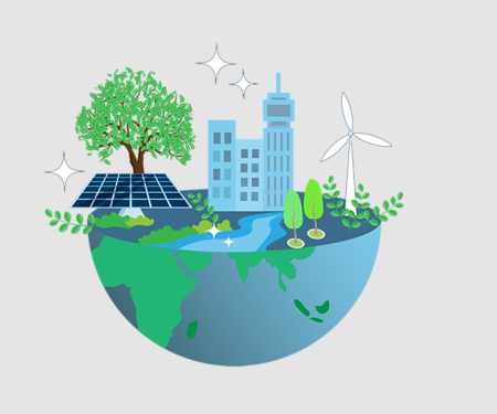 illustratie: wereldbol met daarop bomen, zonnepanelen, windmolens en gebouwen