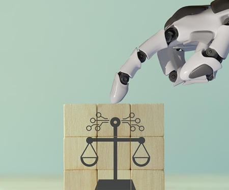 robothand legt vinger op bouwstenen met weegschaal