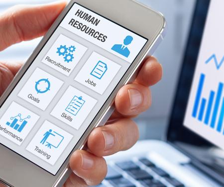 Human Resources app-concept op een gsm, pictogrammen over werving, werving, banen, training