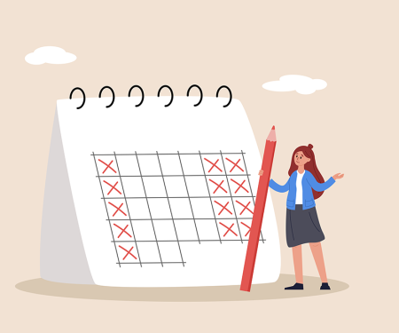 illustratie vrouw met potlood naast kalender waarop de weekend en maandagen zijn aangekruist