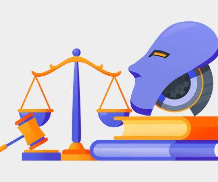 illustratie robothoofd met weegschaal en jurisdische boeken en hamer