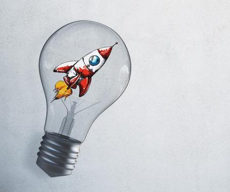 illustratie opstijgende raket in een gloeilamp