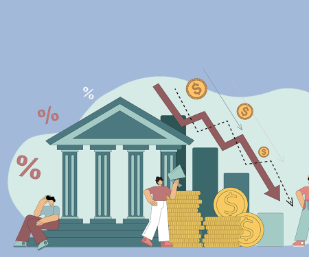 illustratie crisis neerwaartse pijl naast bank en geld