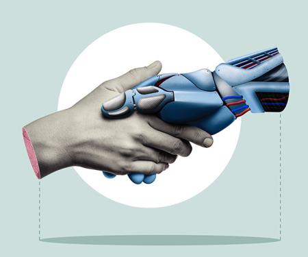 handdruk tussen robothand en mensenhand in retrostijl