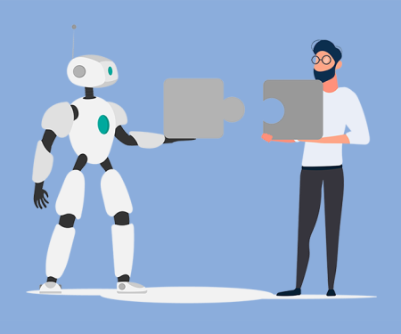 illustratie: robot en mens met een puzzelstuk