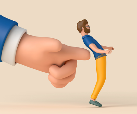 illustratie: grote hand geeft mannetje een duwtje in de rug