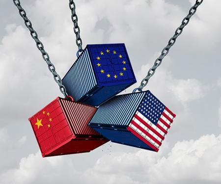 containers met Europese vlag, VS en China aan een ketting