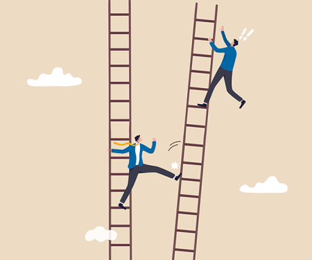 illustratie 2 mannen op ladders, de onderste duwt de ladder van de hoogste om