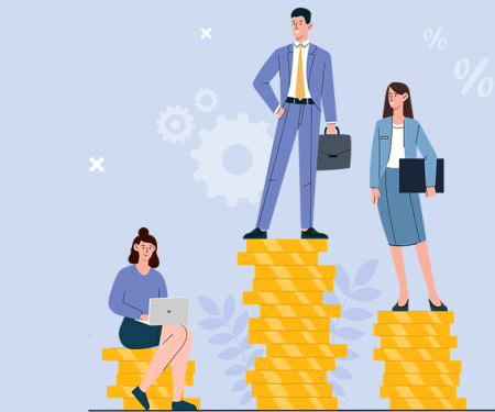 illustratie: man en vrouwen op ongelijke geldstapels