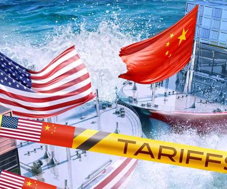 illustratie: clash tussen een Amerikaans en Chinees containership