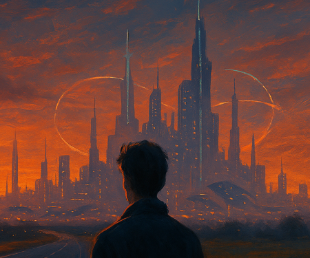 illustratie: jongeman kijkt in avondlicht naar futuristische stad