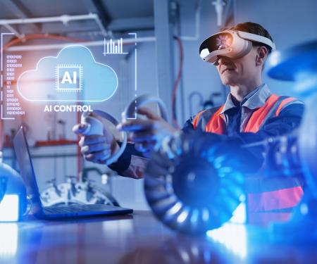 man met VR bril stuurt machine aan